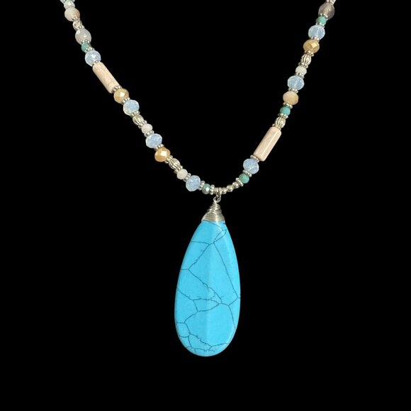 Southwestern Faux Turquoise Wire Wrapped Pendant Beaded Necklace 32" Adjustable - Picture 1 of 10
